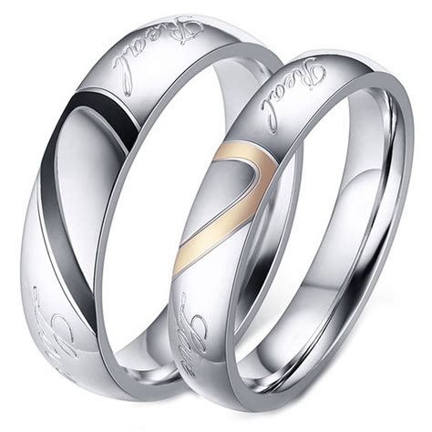 His and Her Real Love Promise Ring, Couple's Matching Heart Wedding Band in Stainless Steel, for ...