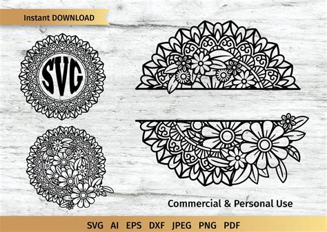 Mandala Monogram Svg, Split Mandala Svg, Mandala Frame Svg, Split ...