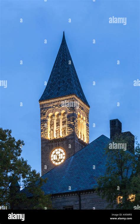 USA, New York, Finger Lakes Region, Ithaca, Cornell University, McGraw Tower, dusk Stock Photo ...