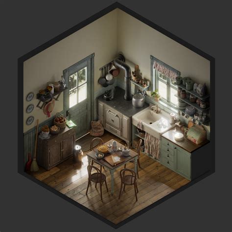 Vintage kitchen isometric, Jose Olmedo, 3ds max with Blender & PS, '17 : r/Art