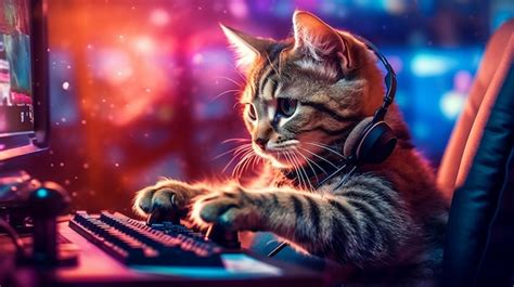 Um gato gamer com fones de ouvido dentro de sua configuração de jogador joga videogame em um PC ...