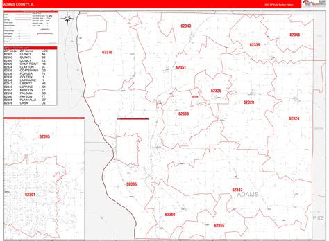 Adams County, IL Zip Code Wall Map Red Line Style by MarketMAPS