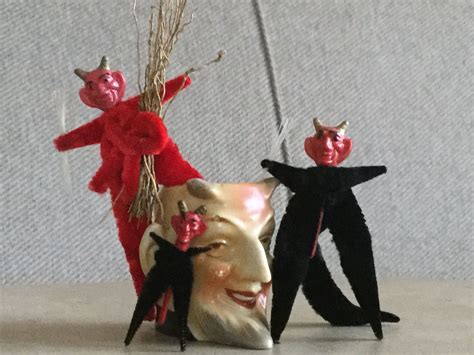 Krampus figures, chenille with celluloid heads | Antique christmas ...