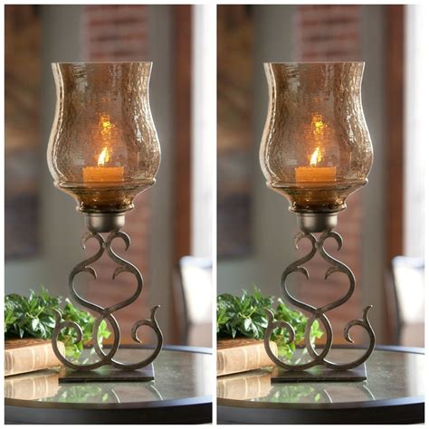 TWO NEW 23" AGED BRONZE FORGED METAL PILLAR CANDLE HOLDERS BROWN GLASS GLOBES - Candle Holders ...