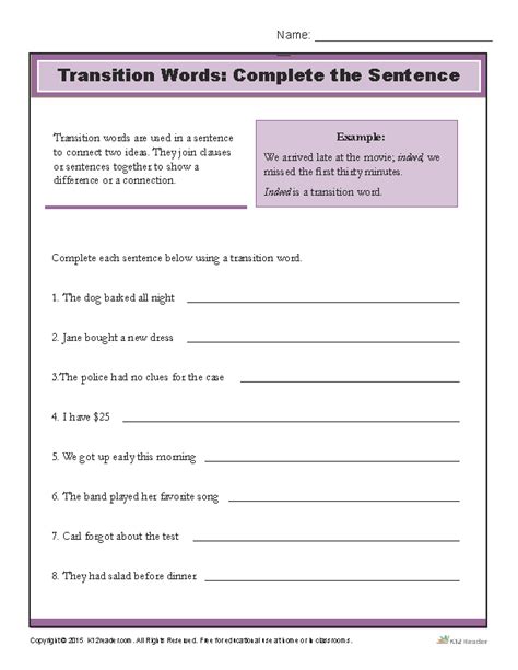 Transition Words: Complete the Sentence | Writing Worksheet