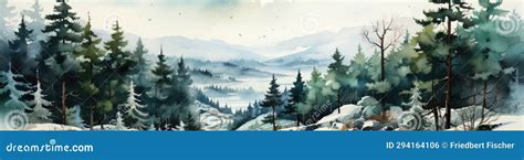 A Watercolor Painting of a Snowy Mountain Scene. Stock Photo - Image of plant, winter: 294164106