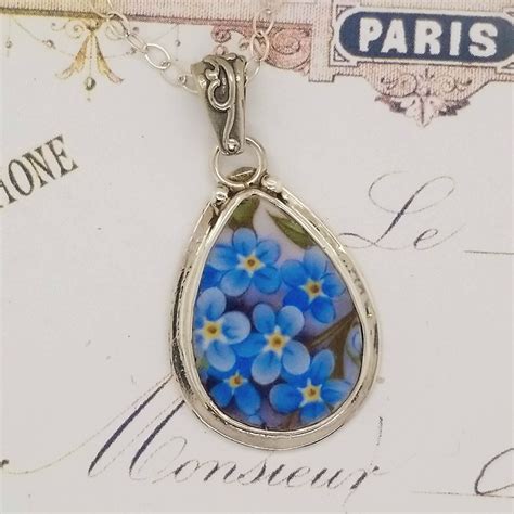 Broken China Jewelry Forget Me Not Teardrop Sterling Pendant Necklace