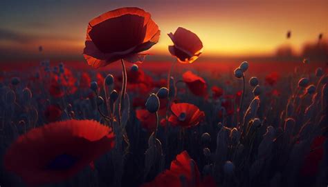 Premium Photo | Realistic Poppy field at sunset