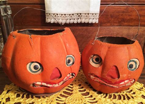 2 LARGE Vintage Halloween Paper Mache Jack o Lantern Decorations, Germany, 1920s | Halloween ...