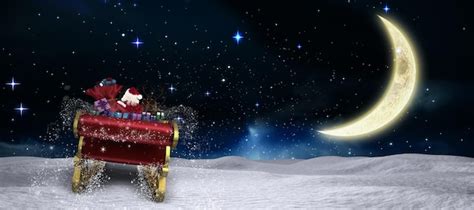 Premium Photo | Santa flying his sleigh against crescent moon in the ...