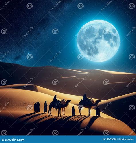 A Camel Caravan Under the Light of the Full Stock Illustration - Illustration of painting ...