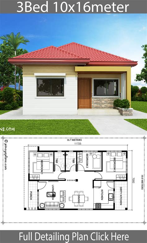 Home design 10x16m with 3 bedrooms - House Plan Map