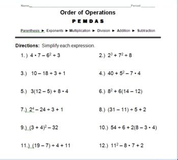 Order of Operations Practice Worksheet - PEMDAS by K Phillips | TpT