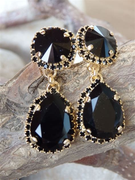 Black Crystal Chandelier Earrings Gold Plated Black Earrings - Etsy