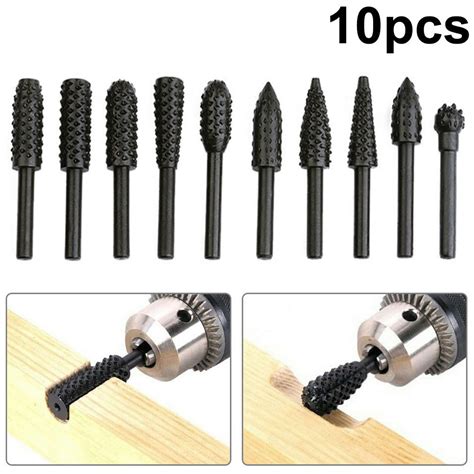 10Pcs Carbon Steel Rotary Burr Set Rasp File Drill Bits Electric Rasp File For Woodworking ...