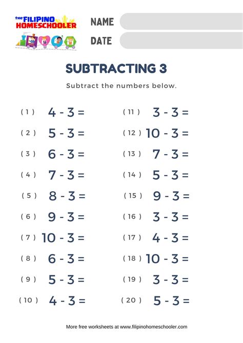 Subtraction by 3 Worksheets — The Filipino Homeschooler