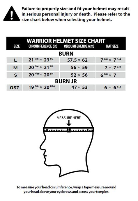 Warrior Lacrosse Helmet Size Chart – Warrior