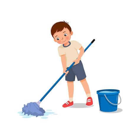 Premium Vector | Cute little boy mopping the floor with mop and bucket ...