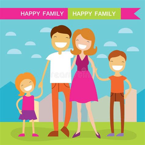 Happy Family Members Parents,their Son and a Dog. Lovely Cartoon ...