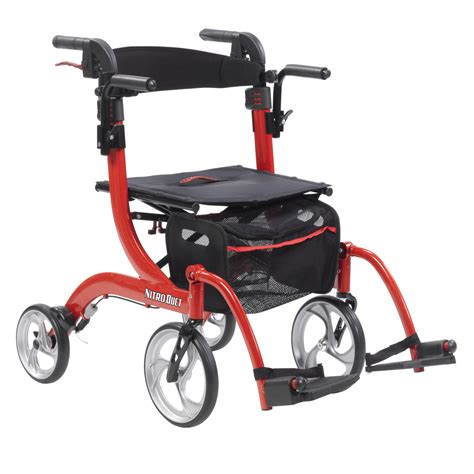 Drive Medical Nitro Duet Dual Function Transport Wheelchair and Rollator Rolling Walker - Red