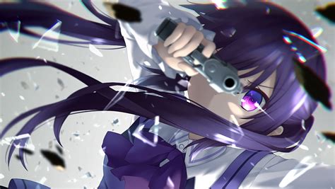 Wallpaper : gun, anime girls, weapon, purple hair, twintails, pistol, purple eyes, Gochuumon wa ...