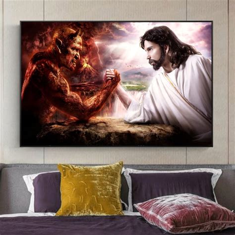 God Jesus vs Satan Devil Religion Wall Art Painting Printed on Canvas • CanvasPaintArt