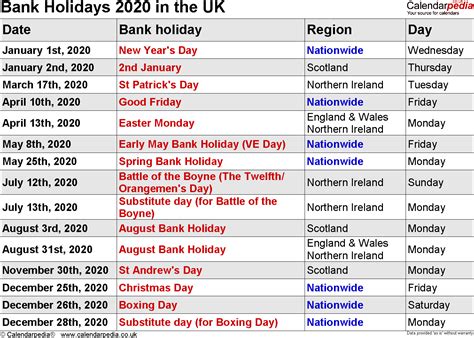 Bank Holidays 2020 in the UK, with printable templates