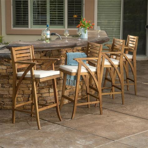 Noble House Hermosa Wood Outdoor Bar Stool with Cream Cushion (4-Pack ...