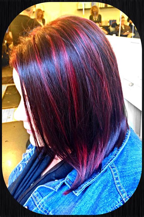 Dark brunette with magenta red highlights and lowlights | Dark hair with highlights, Hair color ...