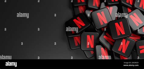 Logos of the on demand video site and app Netflix on a heap. Web banner ...