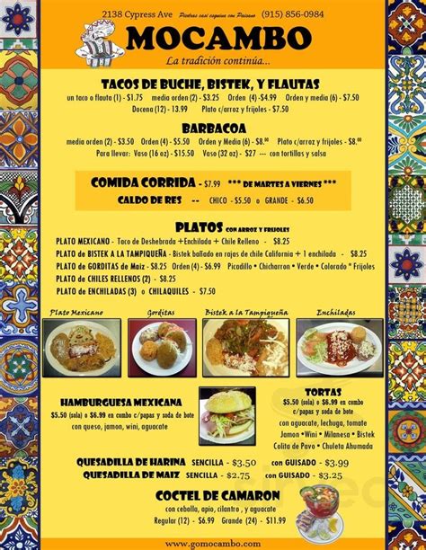 Menu for Mocambo in El Paso, Texas, United States