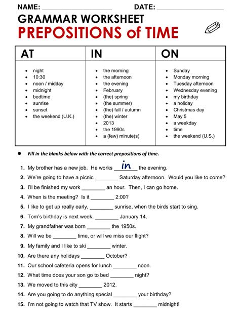 Fun English Grammar Worksheet Prepositions of Time | English grammar worksheets, Grammar ...