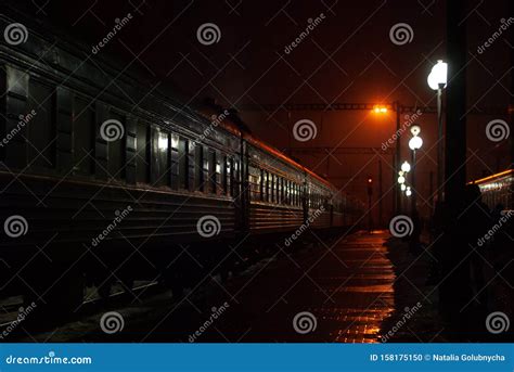 Train on the Platform of the Railway Station at Night Stock Photo ...