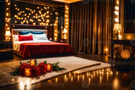 romantic bedroom with candles and red roses. AI-Generated 30134023 ...