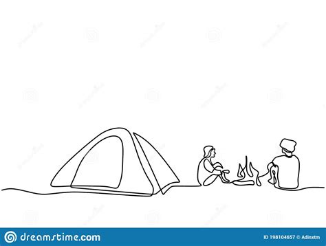 One Line Drawing People Camping. Young Man Enjoy Outdoor Activity with Tents and Campfire ...