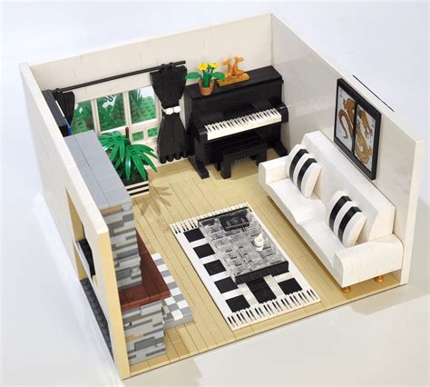 a lego model of a living room with piano, couch and coffee table in it