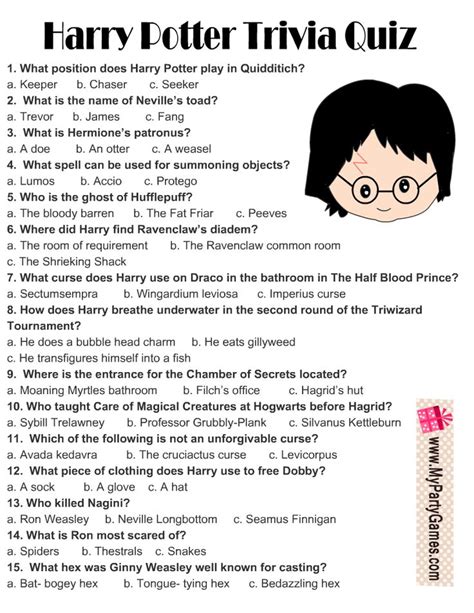 Free Printable Harry Potter Trivia Quiz with Answer Key | Harry potter ...