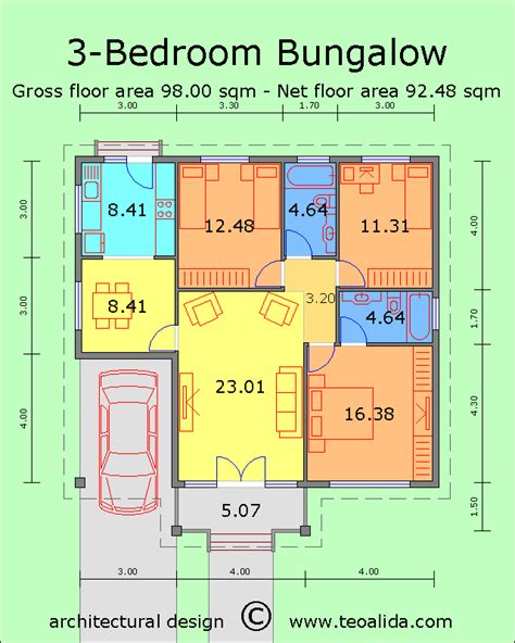 3-bedroom bungalow | Bungalow floor plans, House floor plans, Bungalow house floor plans