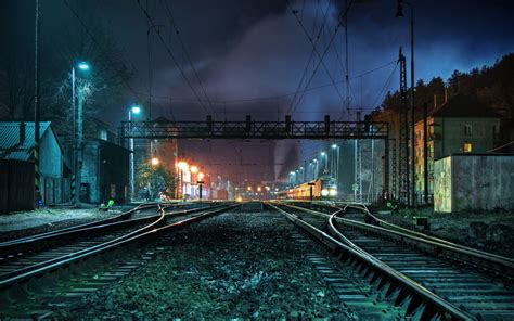 Night Lights Trains Railroad Tracks HD Background Wallpaper | Railroad tracks & trains ...