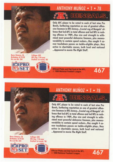 1990 Pro Set Football Cards Anthony Munoz #467 Error (white and black ...