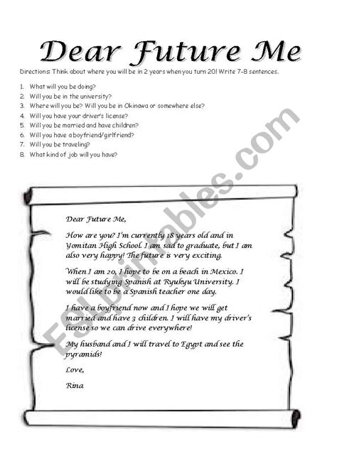 Dear Future Me - ESL worksheet by gpanozzo