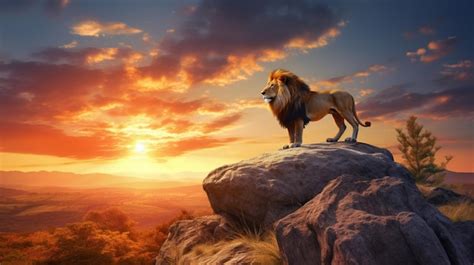 Premium AI Image | A lion on a rock in the sunset