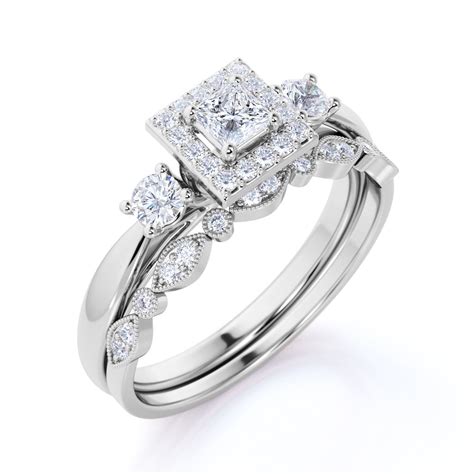 JeenMata - 1.25 ct Princess Cut Diamond - 3 Stone Art Deco - Halo Ring & Scalloped Band ...