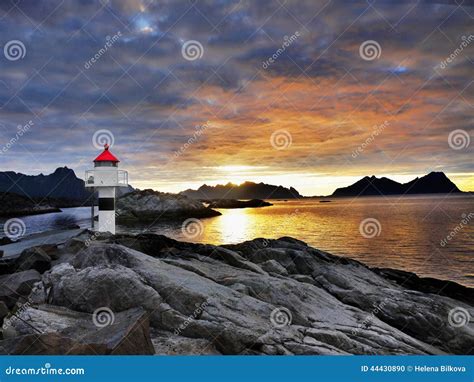 Lighthouse Sunrise Coastline, Lofoten Stock Photo - Image of nordland, scandinavia: 44430890