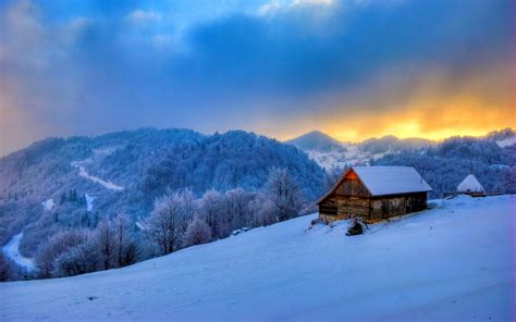 Download Snow Winter Landscape Mountain Man Made Cabin HD Wallpaper