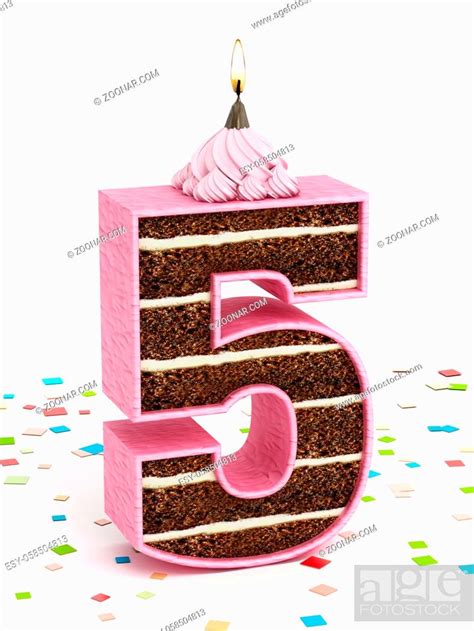 Number 5 shaped chocolate birthday cake with lit candle, Stock Photo, Picture And Low Budget ...