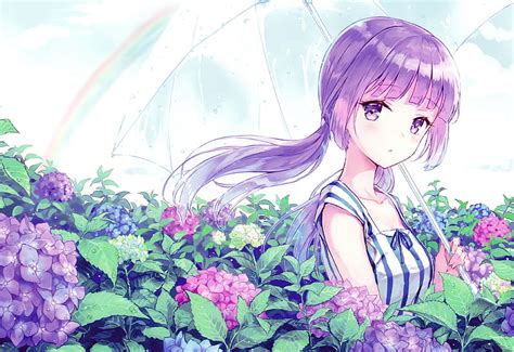 Anime girl, purple hair, flowers, umbrella, Anime, HD wallpaper | Peakpx