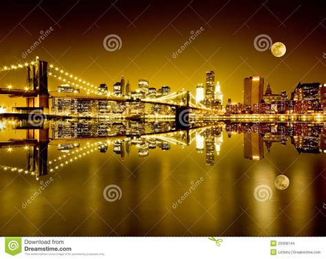 Golden New York and Brooklyn Bridge Stock Photo - Image of downtown, lights: 20308144