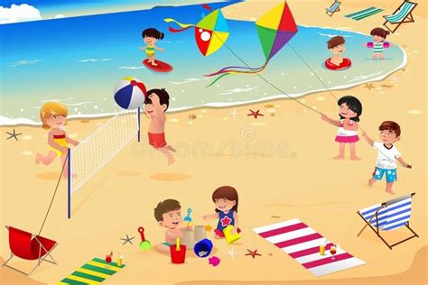 Kids on the beach. A vector illustration of happy kids having fun on the beach , #AD, #vector, # ...