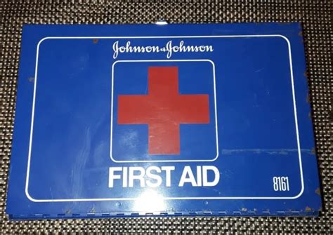VINTAGE WALL MOUNT Johnson and Johnson First Aid Kit Blue Metal Box #8161 Full $24.99 - PicClick